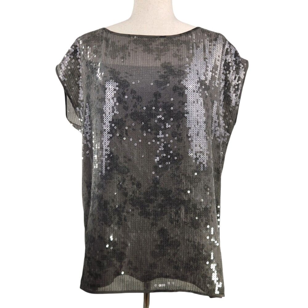 Eileen Fisher Sequin Blouse Top w/Cami Large Cap Sleeve Party Wedding Guest Glam